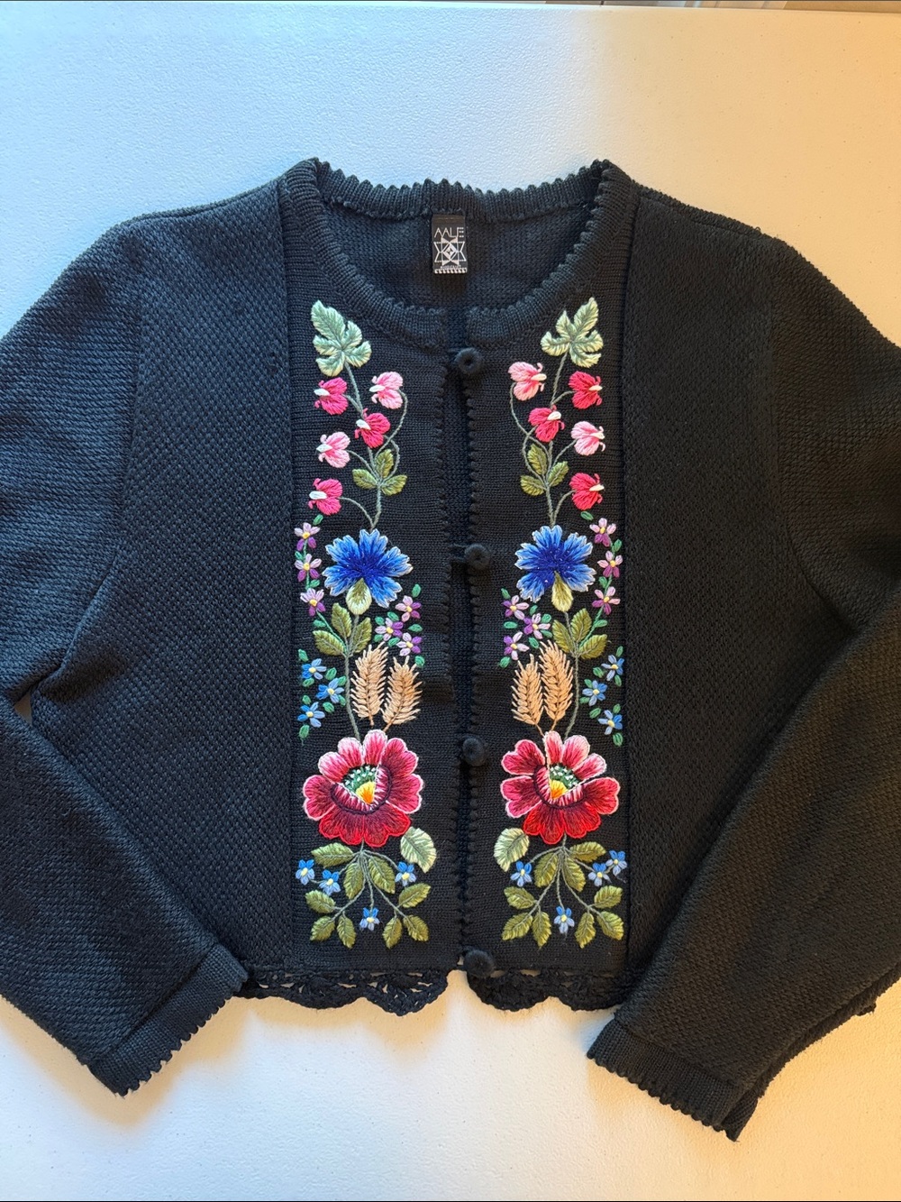 AALE HANDCRAFTED Anthropologie-style Black Embroidered Floral Cardigan Sweater